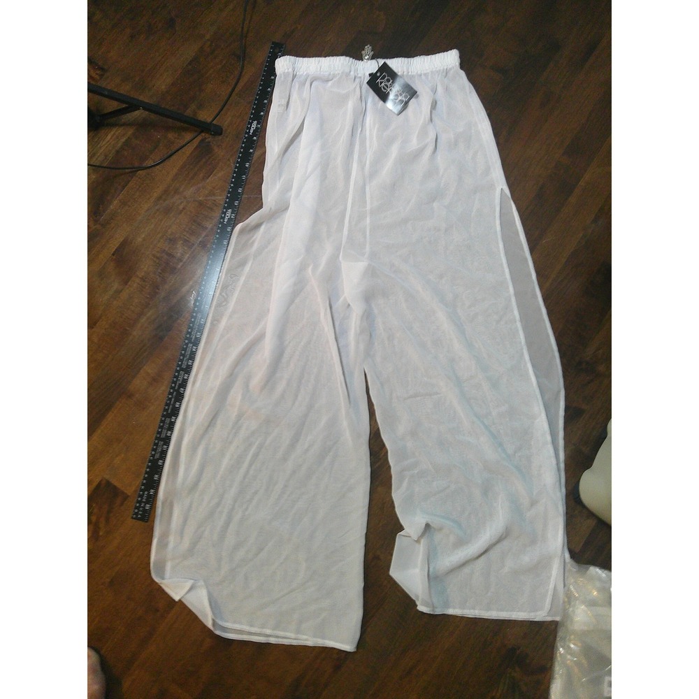 Natasha Kieran Wide Leg Pants Women Medium White NWT Sheer Mesh Side Slit Hamsa